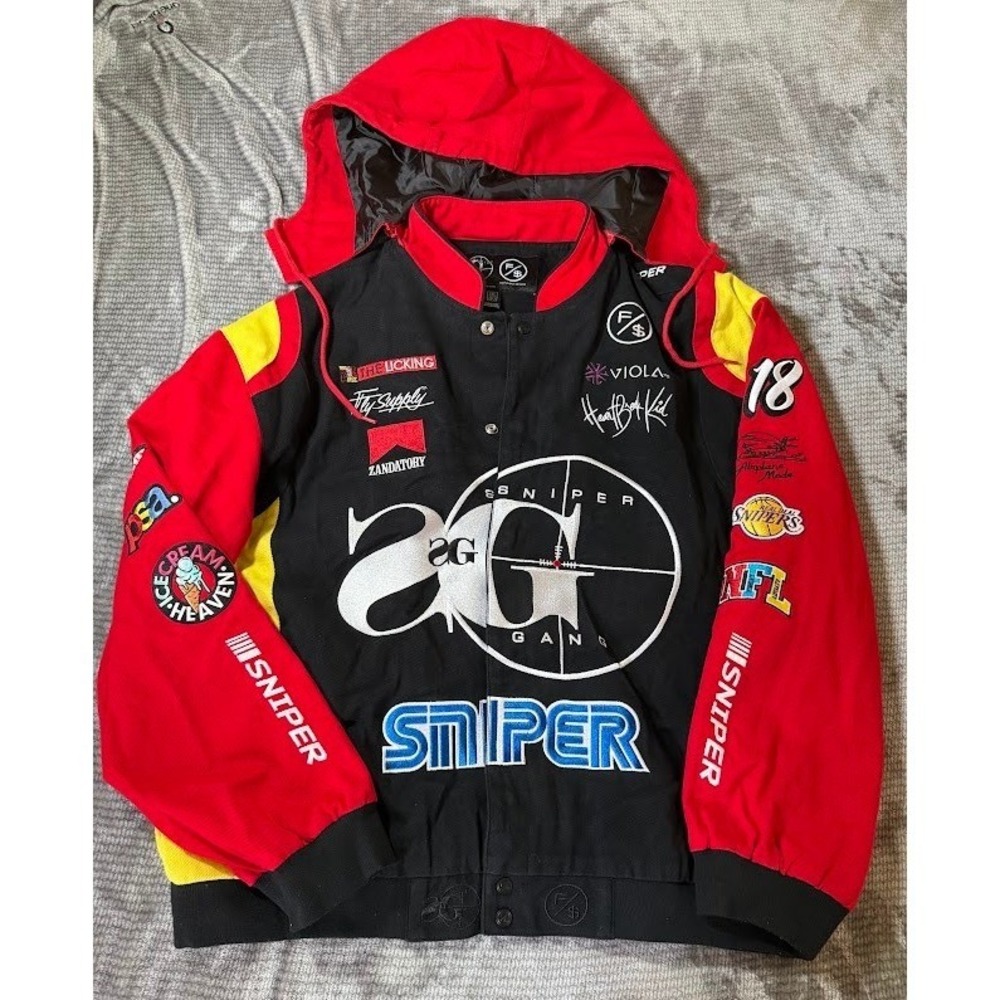 Sniper Gang x Fly Supply Clothing Hooded Varsity Jacket Black Red Yellow 2XL